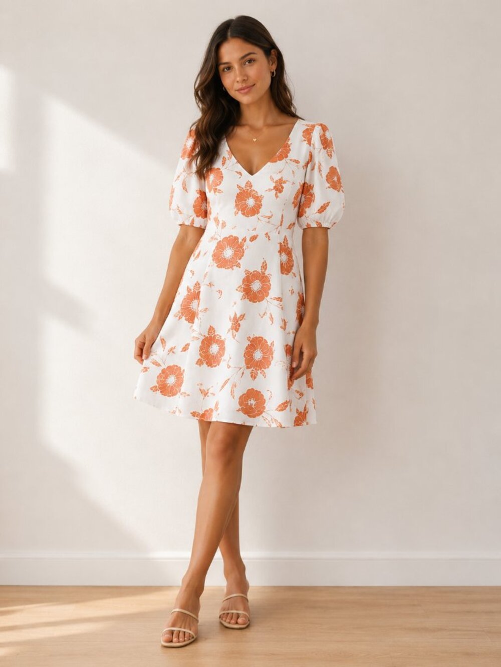 Lena White and Orange Short Sleeve Summer Floral Dress A Line Size Small NWT